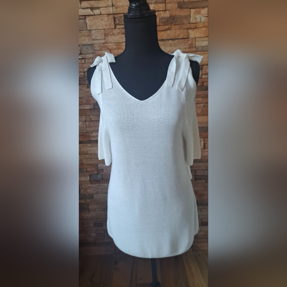 Chico's White V-Neck Sweater with Bow Details